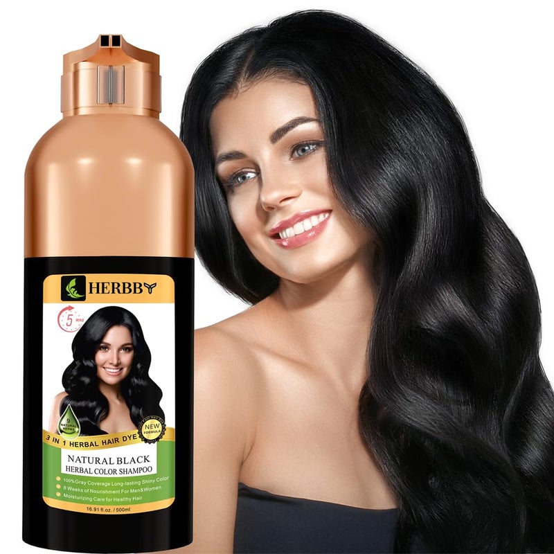 HERBBY Hair Color Shampoo for Gray Hair CoverageColor Transform with 9 Herbal Extracts Long Lasting68 WeeksShinyEvenly ColoredInstant Hair Dye ShampooConditioner500 Ml NATURAL BLACK COLOR